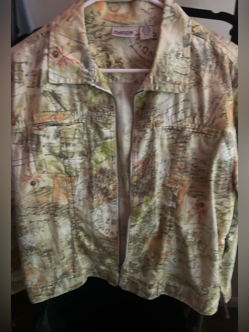 Chico's Zip-Front Printed Jacket in Cream, Green and Soft Orange size 2